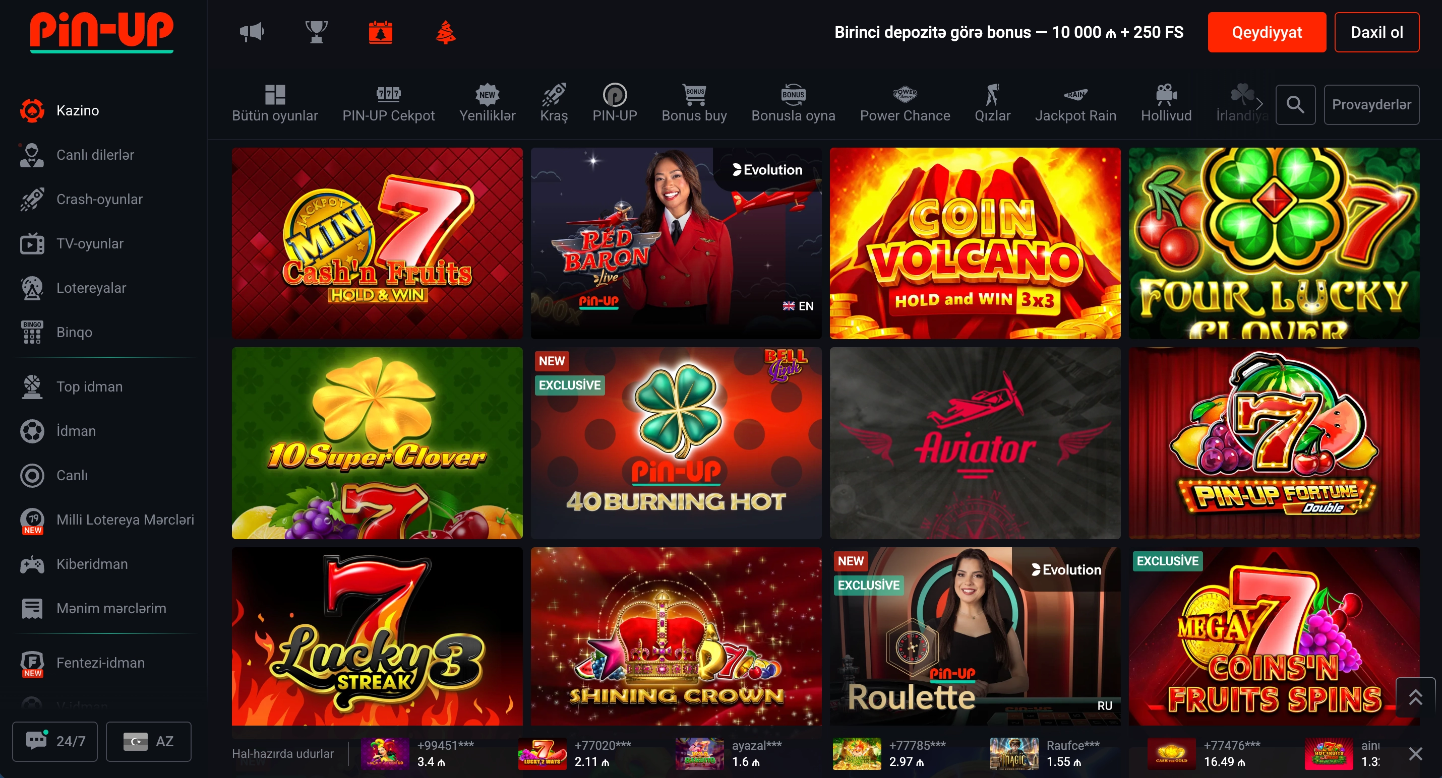 Pin-Up onlayn kazinosundakı oyun çeşidi